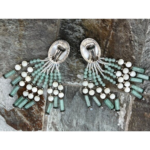 Vtg 1980's 4" Dangle Clip On Earrings White Oval With Silver Tone Metal 9 Strand - Picture 2 of 5